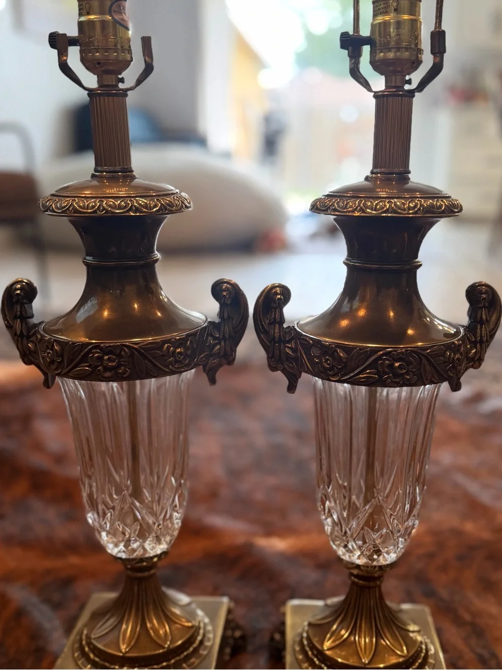 Vintage 1960’s Stiffel Hollywood Regency Brass & Crystal Urn Table Lamps F159